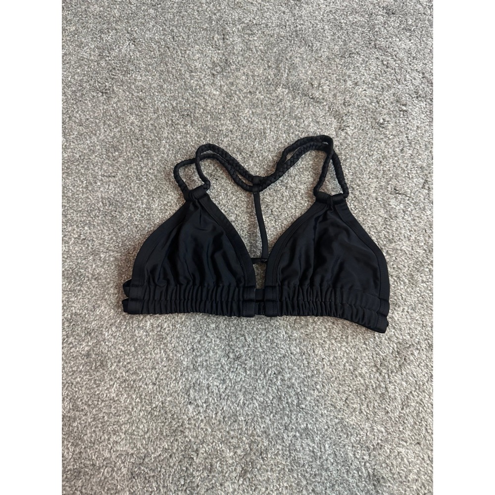 Black Braided T-Back Triangle Bikini Top Swimsuit Size Large